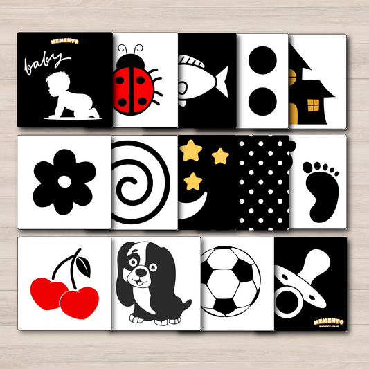 kontrastne kartice za bebe s crno-bijelim i šarenim motivima: beba, bubamara, riba, kuća, cvijet, spirala, zvjezdice, pas, trešnje, lopta i duda.Kontrastne kartice za dojenčke s črno-belimi in barvnimi motivi: dojenček, pikapolonica, riba, hiša, roža, spirala, zvezdice, pes, češnje, žoga in dudo