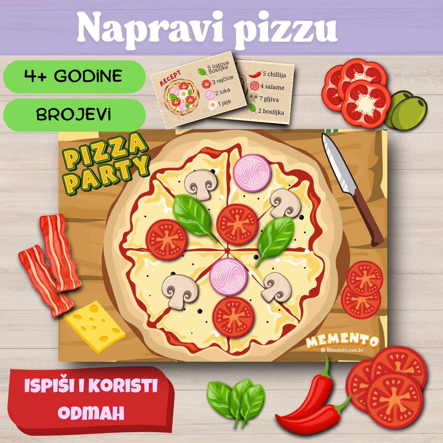 Didaktička igra 'Napravi pizzu' za djecu od 4 godine – učenje brojeva kroz zabavnu slagalicu s receptima i sastojcima.Didaktična igra 'Naredi pico' za otroke od 4. leta dalje – učenje številk skozi zabavno sestavljanko z recepti in sestavinami