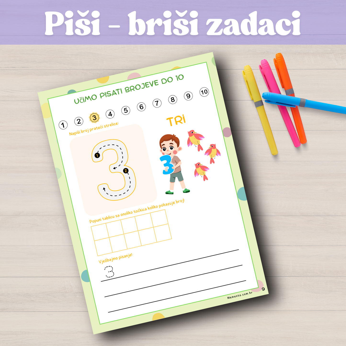 Piši-briši radni list za učenje broja 3 – edukativna vježbenica s prikazom brojke, riječi, pisanjem broja i brojanjem ptica. Uključeni flomasteri za višekratno korištenje. Idealno za djecu predškolskog uzrasta.Piši-briši delovni list za učenje številke 3 – izobraževalna vaja z napisano številko, besedo, risanjem in štetjem ptic. Priloženi flomastri za večkratno uporabo. Primerno za predšolske otroke.