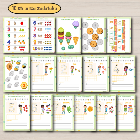 Prikaz svih 16 stranica edukativne vježbenice “Moji prvi brojevi: 1 do 10” – sadrži zadatke za prepoznavanje, brojanje i pisanje brojeva kroz slike, povezivanje, crtanje i brojanje objekata. Idealno za djecu od 5 godina.Pregled vseh 16 strani izobraževalnega delovnega zvezka “Moje prve številke: 1 do 10” – vključuje naloge za prepoznavanje, pisanje in štetje številk preko slik, povezovanja in predmetov. Primerno za otroke od 5 let.