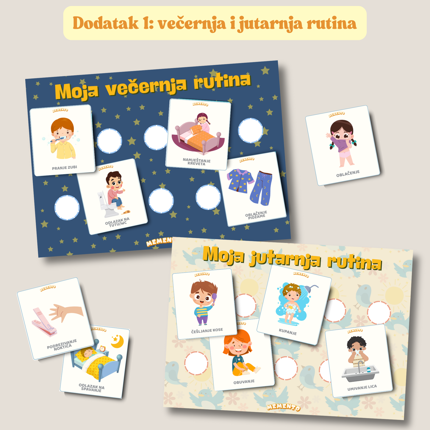 Uz Memento edukativne kartice dijete uci na svoje vecernje i jutarnje rutine.