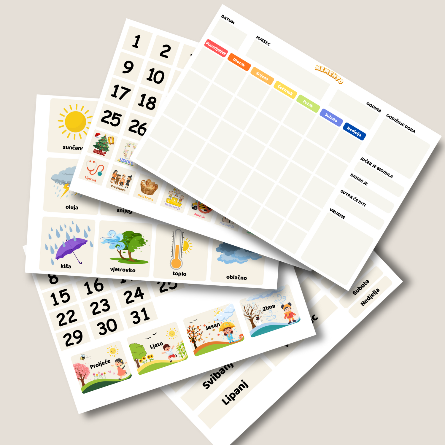 Naucite dijete dane u mjesecu, mjesece, godisnje doba te vremenske prilike. Zabavno cuenje uz memento