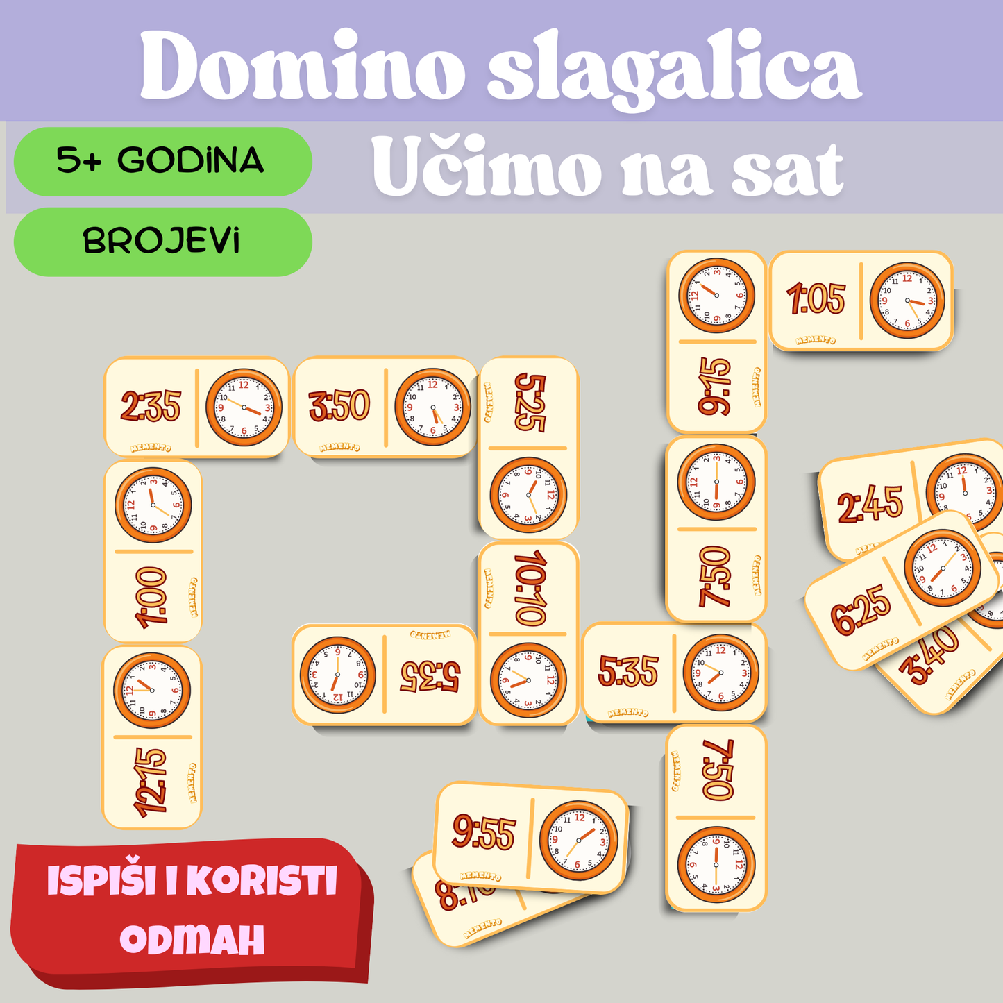 Memento Ucimo Na sat, domino slagalica uci dijete na analogni i digitalni sat. Povezivanje i igra. Zabava uz Memento