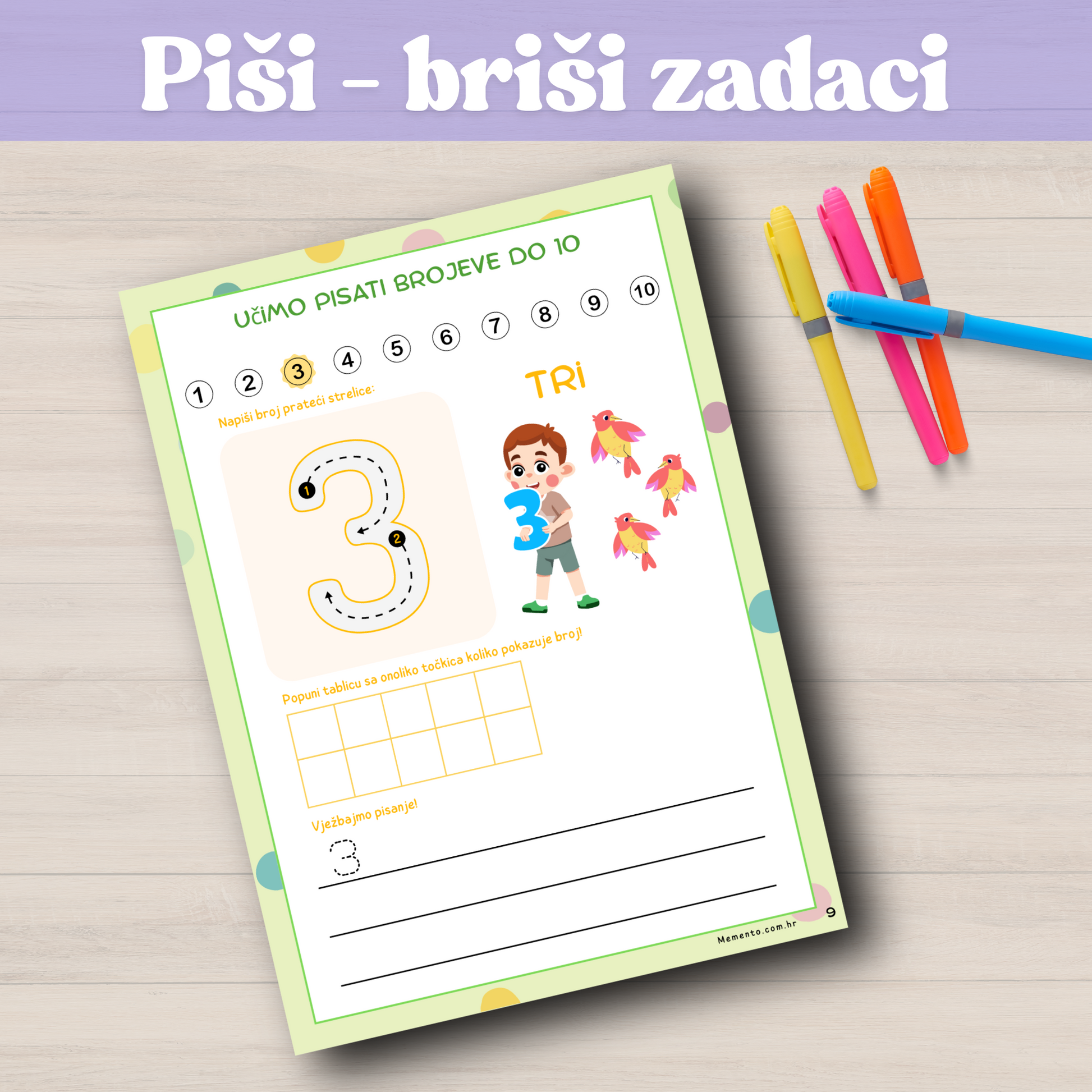 Piši-briši radni list za učenje broja 3 – edukativna vježbenica s prikazom brojke, riječi, pisanjem broja i brojanjem ptica. Uključeni flomasteri za višekratno korištenje. Idealno za djecu predškolskog uzrasta.Piši-briši delovni list za učenje številke 3 – izobraževalna vaja z napisano številko, besedo, risanjem in štetjem ptic. Priloženi flomastri za večkratno uporabo. Primerno za predšolske otroke.