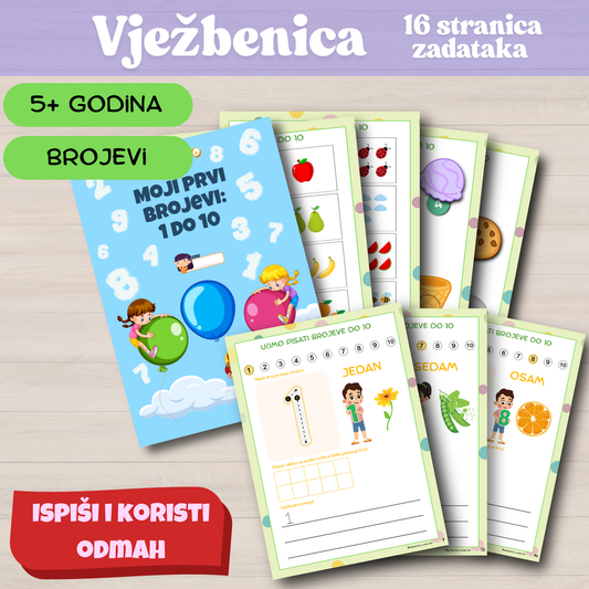 Vježbenica za djecu “Moji prvi brojevi: 1 do 10” – edukativni materijal s 16 stranica zadataka za pisanje, brojanje i prepoznavanje brojeva kroz slike, crtanje i jednostavne zadatke. Namijenjeno djeci od 5 godina i starijima.Delovni zvezek za otroke “Moje prve številke: 1 do 10” – izobraževalni material s 16 stranmi nalog za pisanje, štetje in prepoznavanje številk s slikami, risanjem in preprostimi vajami. Primerno za otroke od 5 let naprej.
